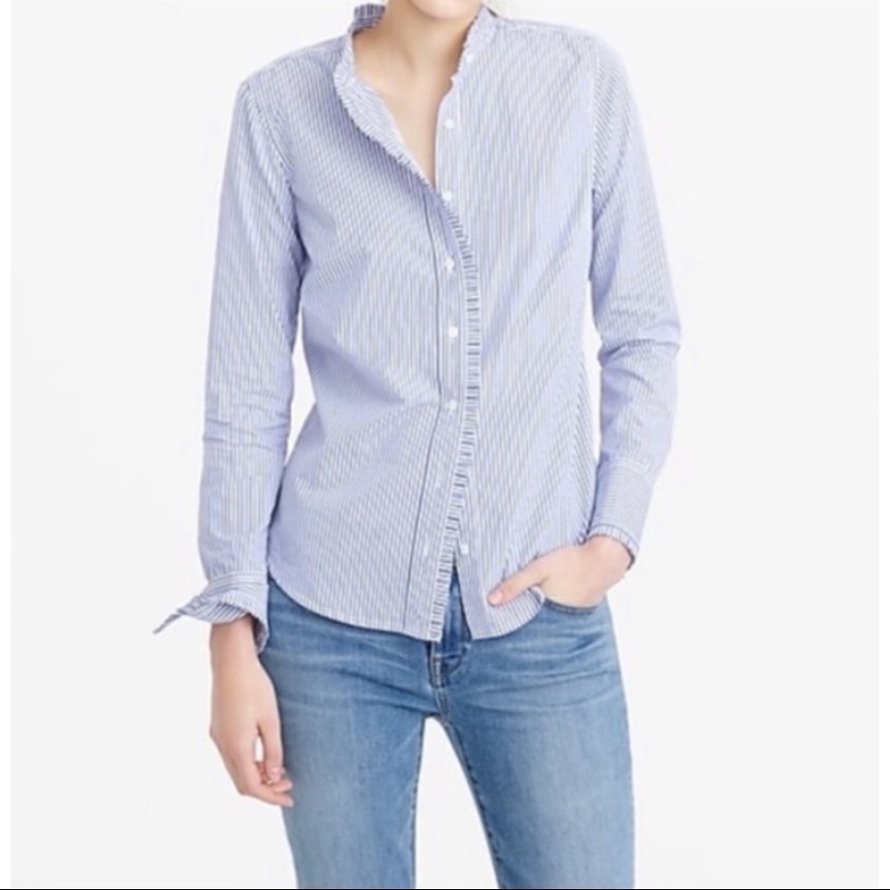 J Crew Navy White Striped Ruffle Blouse Shirt